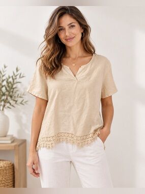 Terzo Millennio Linen blend Top Short Sleeve Crochet‎ Knit Trim baggy fit Size L